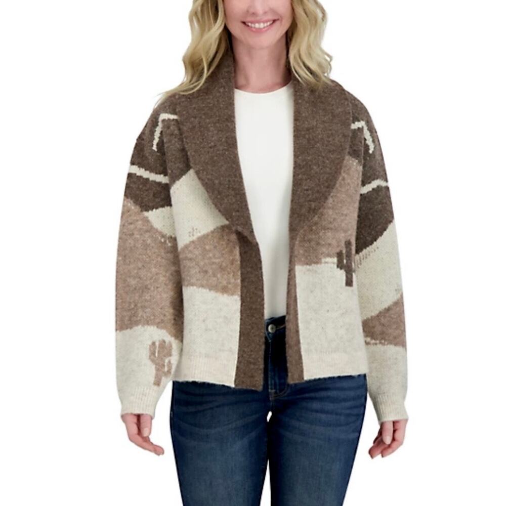 Lucky Brand Long Sleeve Horse Shawl Cardigan Neutral Brown NWT - Picture 3 of 10